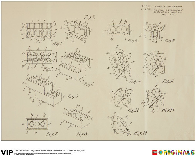First Edition Print - Page from British Patent Application for LEGO Elements, 1968