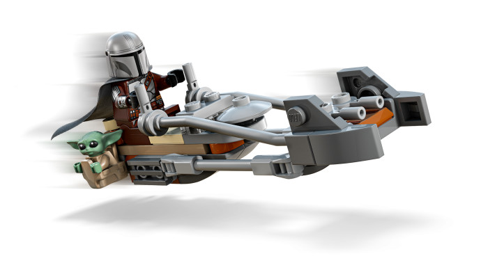 Mandalorian a Grogu a spídrová motorka