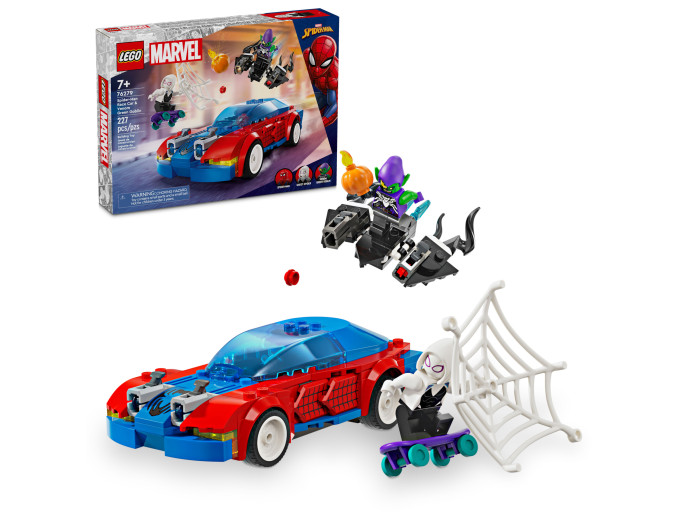 Spider-Manovo pretekárske auto a Venomov Zelený goblin