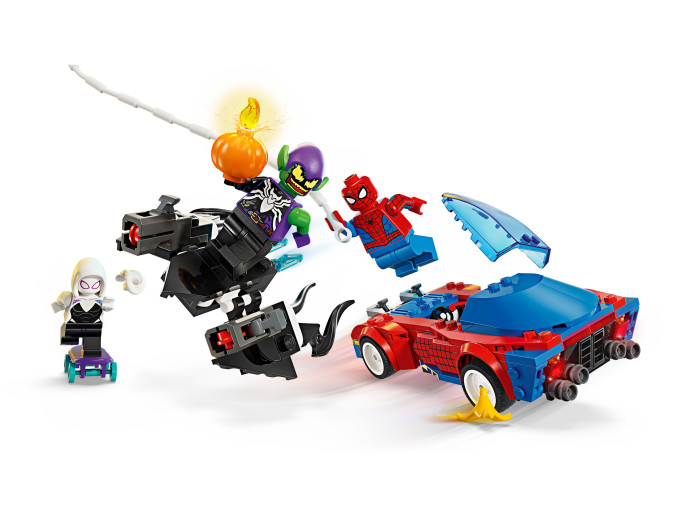 Spider-Manovo pretekárske auto a Venomov Zelený goblin